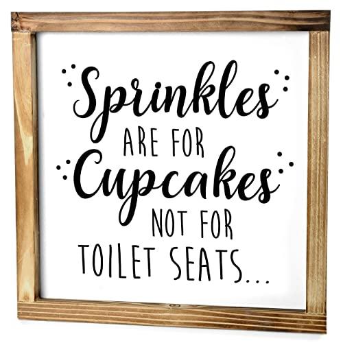 Sprinkles Are For Cupcakes, Not For Toilet Seats Sign - Funny Modern Farmhouse Decor Sign, Cute Guest Bathroom Decor Wall Art, Rustic Home Decor, Sign For Bathroom Wall With Funny Quotes 12x12 Inch