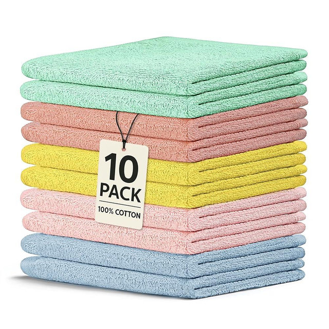 Crystal Ridge Cotton Wash Cloths 10 Pack - Washcloths for Showering, Face and Body, Soft and Highly Absorbent Multipurpose Towels for Bathroom, Kitchen, Spa and Gym - Wash Rags 12 x12 (Pastel)