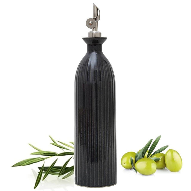 UDNORDGLOW 18 oz Ceramic Olive Oil Bottle Dispenser for kitchen with Stainless Automatic Spout, Stoneware 500ml Oil, Vinegar, Soy Sauce, Coffee Syrup, and Liquids container - Deep Gray-Blue