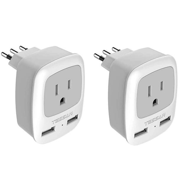 Italy Travel Plug Adapter 2 Pack, TESSAN Grounded International Power Outlet Adaptor with 2 USB Ports, Type L Charger for USA to Chile Uruguay Italian