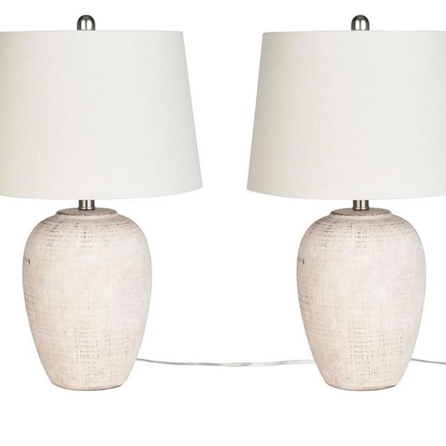 Nourison 23" Distressed Cream/Beige Rustic Ceramic Jar Table Lamp for Bedroom, Living Room, Dining Office, Ivory Shade, Set of 2