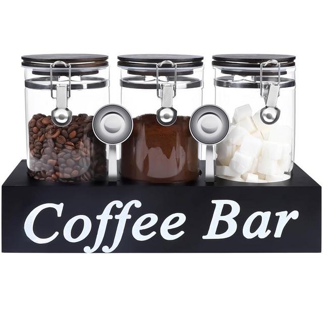 WYTAOHZL 3PCS Glass Coffee Containers with Shelf 54oz Coffee Station Organizer Glass Coffee Bean Storage with Spoon Coffee Canister Set Jars with Airtight Locking Clamp for Coffee Bean Ground Nuts