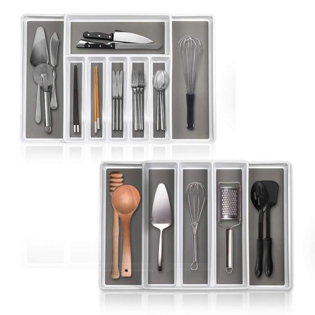 Expandable In Drawer Cutlery Organizer & Utensil Tray Set By Eltow- 2 Kitchen Storage Trays For Flatware, Silverware, Cooking Utensils & More- Multipurpose Organizer Tray For Kitchen & Office Supplies