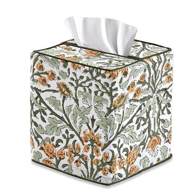 Ridhi Goldenrod Yellow Block Print Tissue Box Cover – Handmade Cotton Fabric Tissue Holder for Home Bedroom Living Room Bathroom Vanity Car Nightstand Office Kitchen – Decorative Square Napkin Holder