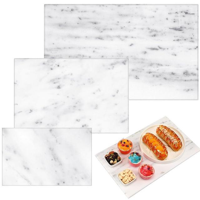 Hushee White Marble Board for Kitchen Marble Serving Tray 3 pcs Different Sizes 9 x 6'' 12 x 8'' 16 x 10'' and Non Slip Feet Pastry Cheese Tray Cutting Board for Pizza Bread Cake Baking Display