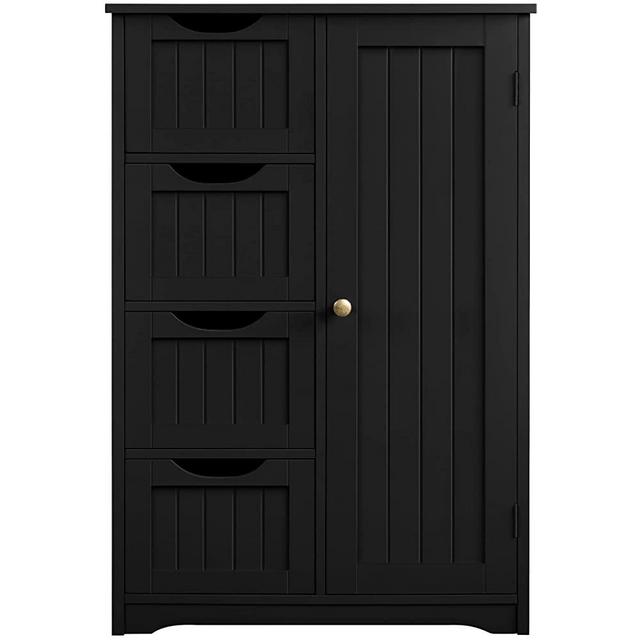 Yaheetech Wooden Bathroom Floor Cabinet, Side Storage Organizer Cabinet with 4 Drawers and 1 Cupboard, Freestanding Entryway Storage Unit Console Table, Bathroom Furniture Home Decor, Black