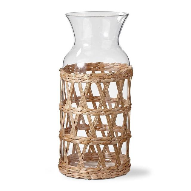 tag Island Collection Clear Glass Carafe Serveware Drinkware with Natural Cattail Braided Sleeve, 40 oz. Beige