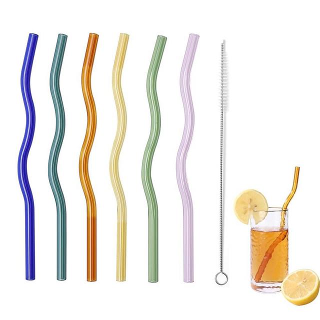 6 Pcs Wavy Glass Straws, 7.87"×8mm Reusable Colorful Glass Straws,Cute Glass Straws,With 1 Cleaning Brush-Perfect For Juice,Tea,Coffee,Cocktails,Lemonades。(Colorful Wavy)