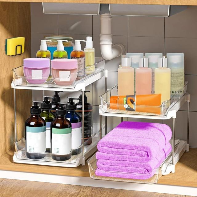 NIVOR Under Sink Organizer – 2 Sets of 2 Tiers Multi Purpose Under Sink Organizers And Storage With Multi Purpose Holder And Dividers Stackable For Kitchen And Bathroom