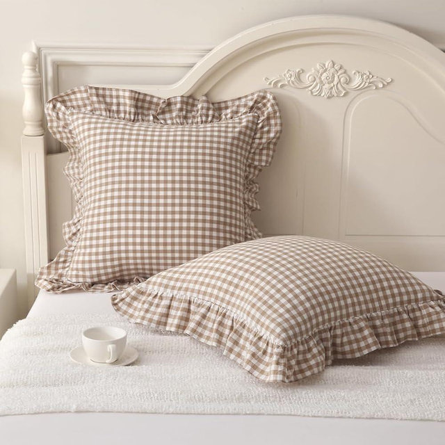 Silnuo 2 Pack Taupe/White Plaid Ruffle Throw Pillow Covers Farmhouse Checkered Chic Washed Cotton Pillowcases Gingham Pillow Shams for Bed, Sofa, Living Room-20"x20"