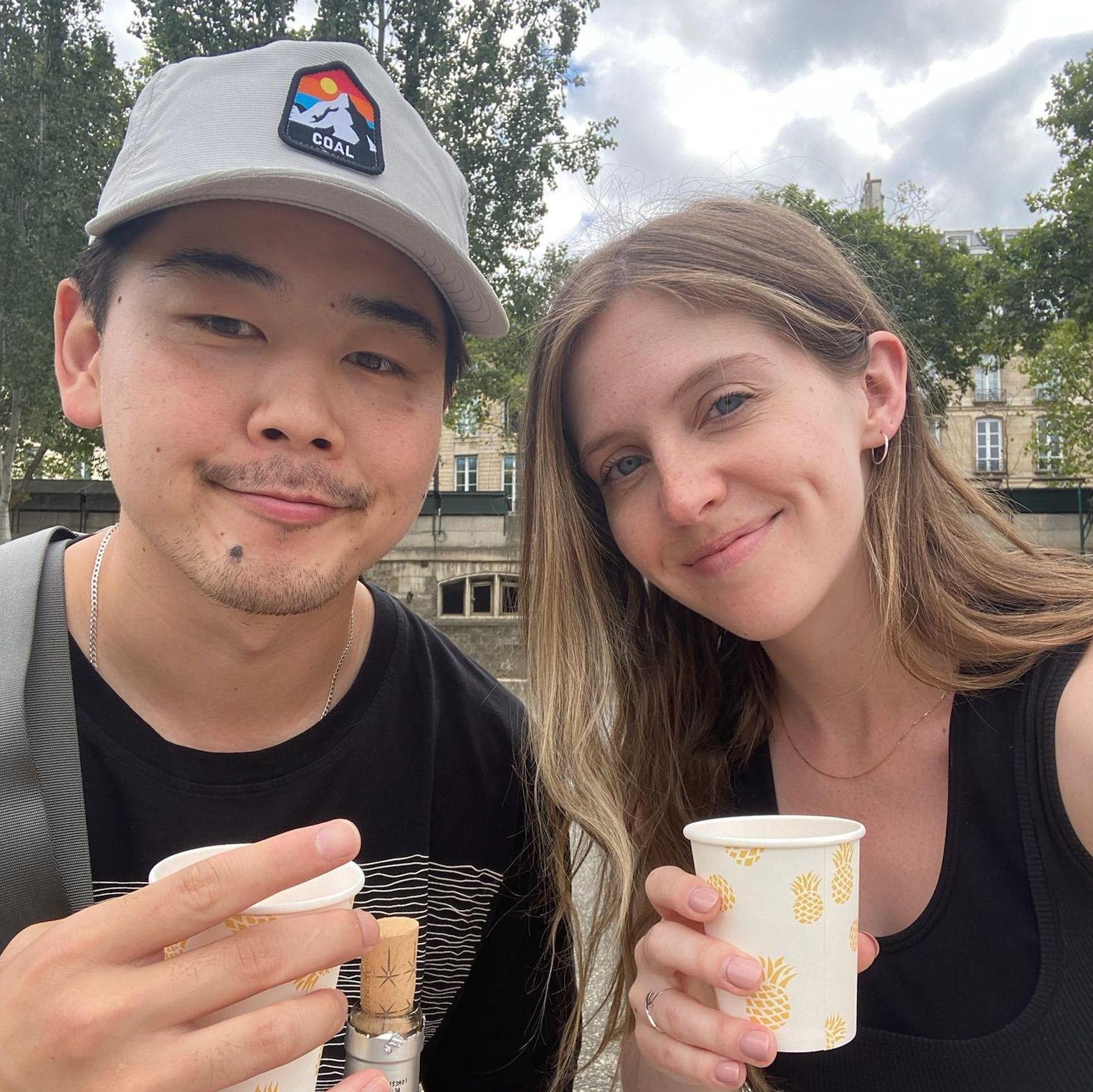Paris 2022, drinking wine sitting by the Siene, (we upgraded to paper cups by now!)