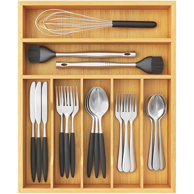 Lifewit Silverware Drawer Organizer, Utensil Tray for Kitchen, 7 Slot Bamboo Flatware and Cutlery Holder, Wood Storage for Spoons Forks Knives, 12.9 x 16.5 Inches, Natural