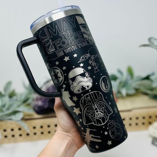 Star War Space Characters 40oz Laser Engraved Tumbler With Handle, Insulated Hot & Cold Tumbler Travel Mug with Lid