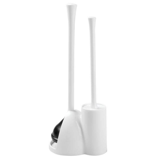 iDesign Una Plastic Toilet Bowl Brush and Plunger Combo Set for Bathroom Cleaning and Storage, White