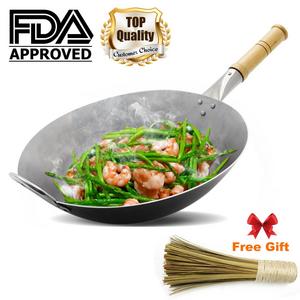 IEOKE Wok Pan,Chinese pan Iron Wok Traditional Hand Hammered Uncoated Carbon Steel Wok Cookware with helper wooden, 14.4 inch Round Bottom Wok