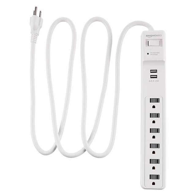 Amazon Basics 6-Outlet Surge Protector Power Strip with 2 USB Ports - 1000 Joule, White