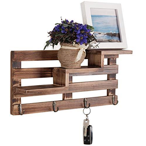 MyGift Rustic Wall-Mounted Entryway Burnt Wood Display Shelf with 4 Key Hooks