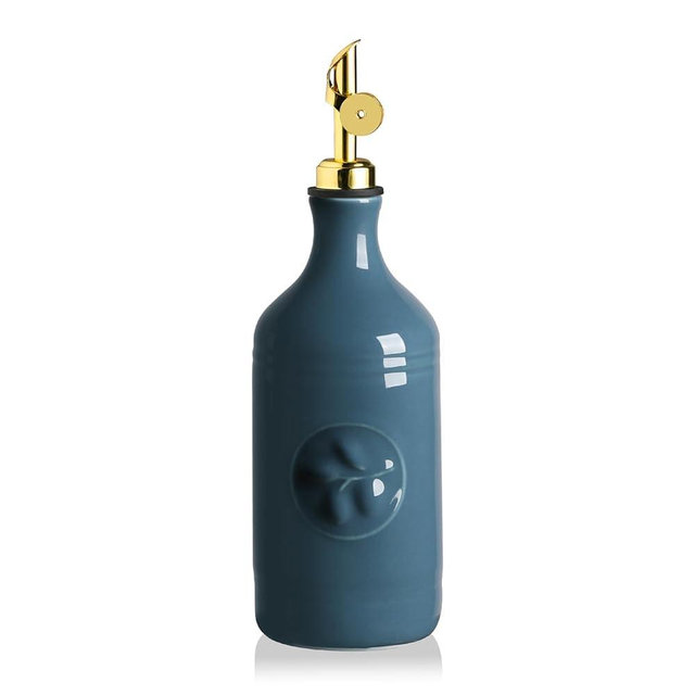 Sweejar 16 Oz Ceramic Olive Oil Dispenser Bottle, Oil Dispenser for Kitchen with Gravity Spout, Relief Opaque Oil Container for Evoo, Avocado Oil, Vinegar, Soy Sauce, 1 Pack(Fog Blue, Gold Spout)