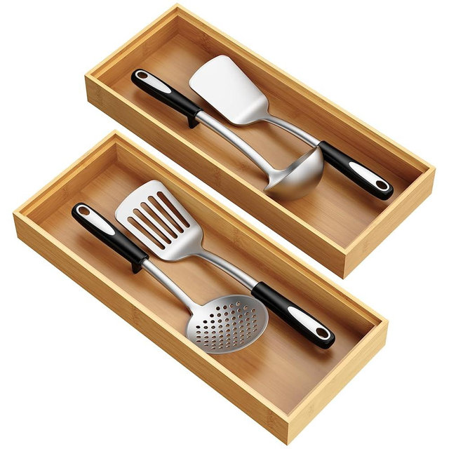 Bayting Bamboo Drawer Organizer, Stackable Utensil Trays for Kitchen, Wood Silverware Organizer for Drawer, Set of 2-15"x6"x2"