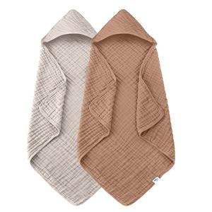 SWEET DOLPHIN Muslin Hooded Baby Bath Towels - 2 Pack 100% Cotton Towel for Babies - Light Bean Paste