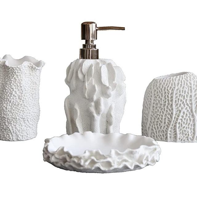 Hymmah Bathroom Accessories Set,Coral Seashell Design Toothbrush Holder,Farmhouse Bathroom Decor,4 Pcs Resin Gift Set Apartment Necessities, Contain Toothbrush Cup,Soap Dispenser,Soap Dish,Tumbler
