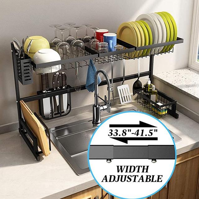 Dish Drying Rack over Sink, SNTD Width Adjustable（Sink Size ≤ 40"）Stainless Steel Kitchen Supplies Storage Counter Organizer, Black