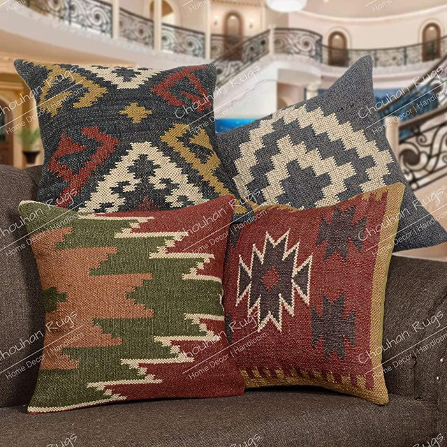 Chouhan Rugs 4 PCS Set of Kilim Cushion Cover Jute Ethnic Pillow Boho Hand Woven Shams Hippie Indian Throw Art