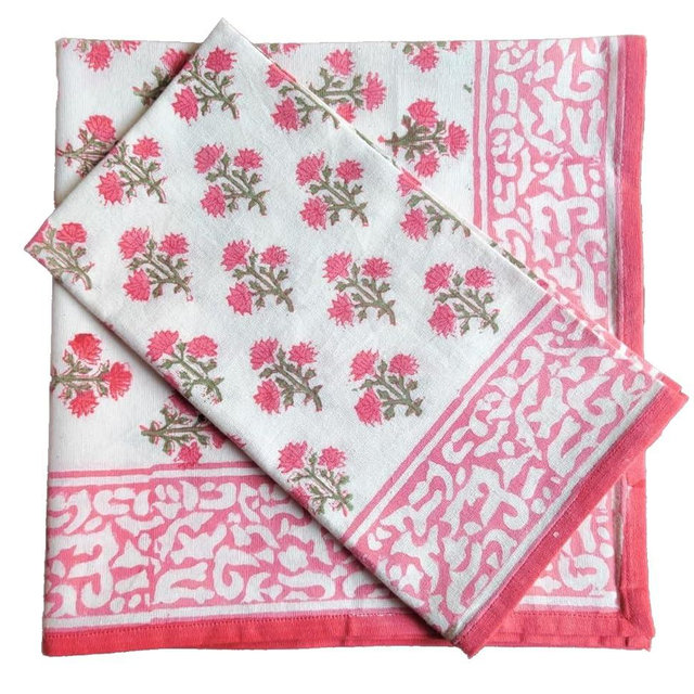 ATOSII Gulbahar White Pink 100% Cotton Cloth Napkins, Handblock Print Designer Table Linen, Perfect for Dinners, Weddings, Cocktail, Kitchen, Thanksgiving/Christmas I 20" X 20" Inches I Set of 4