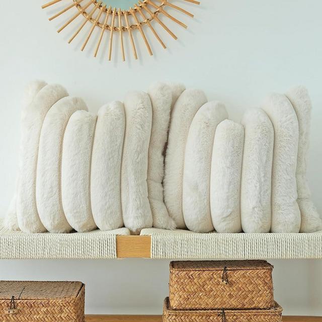 JOJUSIS Pack of 2 Faux Fur Plush Decorative Throw Pillow Covers Couch Cushion Case Soft Fluffy Pillowcases Wide Stripe Beige 18 x 18 Inch