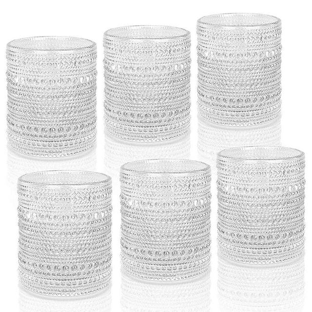 Hobnail Drinking Glasses Set of 6, 10 Ounce, Jupiter Glasses, Textured Glass Cups, Romantic Water Glasses Clear Old Fashion Vintage Glassware Set for Beer, Cocktail, Whisky, Soda, Beverages.