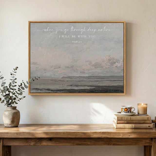 Framed Vintage Christian Wall Art, Neutral Ocean Bible Verse Print with Deep Waters Scripture, Inspirational Religious Artwork for Living Room Bedroom Prayer Room, 12x16 Inch