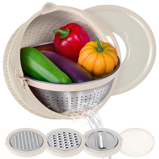 4-1 Colander with Mixing Bowl Set - Food Strainers and Colanders for Kitchen, Pasta Rice Strainer, Fruit and Veggie Wash, Rotatable Kitchen Colander Strainer Bowl (Beige)