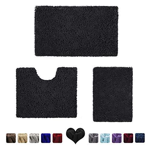 HOMEIDEAS 3 Pieces Bathroom Rugs Set Black, Luxury Soft Chenille Bath Mats Set, Absorbent Shaggy Bath Rugs & Slip Resistant Plush Carpets Mats for Tub, Shower, Bathroom