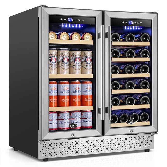Tylza 30 Inch Wine and Beverage Refrigerator, Dual Zone Wine Beverage Cooler 30" with French Door, Under Counter Wine Beer Fridge Built-In or Freestanding, Holds 29 Bottles and 110 Cans TYBC200