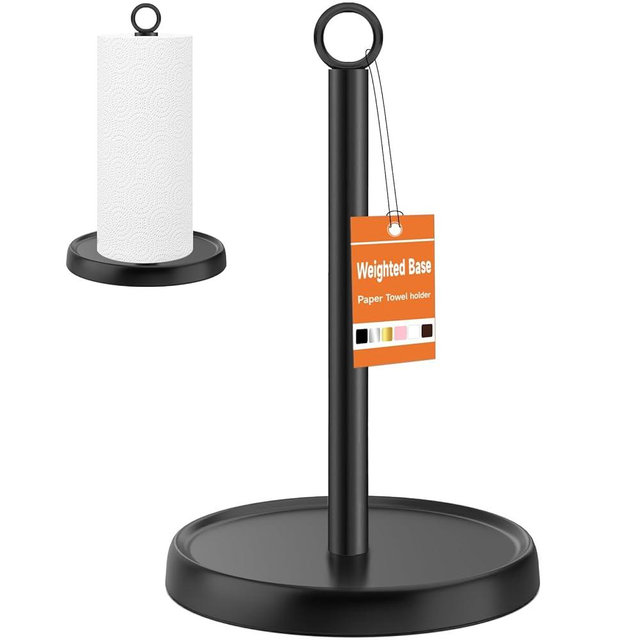 Paper Towel Holder Countertop, Stainless Steel, Weighted Base, Anti-Slip, Black Paper Towel Holder Stand for Kitchen Bathroom Farmhouse Essentials Decor Accessories