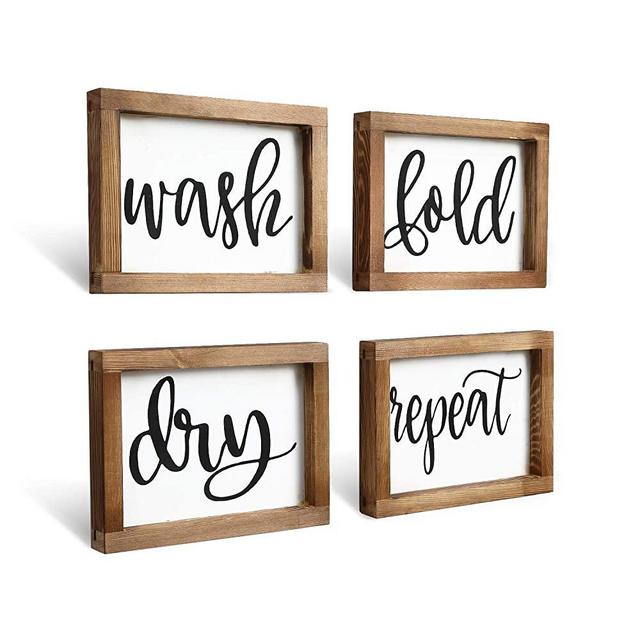 Mokof Laundry Room Decor Wash Fold Dry Repeat Mini Signs Set of 4, Farmhouse Laundry Room Sign Framed wood Wall Art, Laundry Shelf Decor (8'' X 6'')