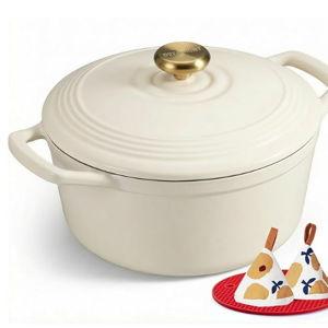 Overmont Enameled Cast Iron Dutch Oven - 5.5QT Pot with Lid Cookbook & Cotton Potholders - Heavy-Duty Cookware for Braising, Stews, Roasting, Sourdough Baking White