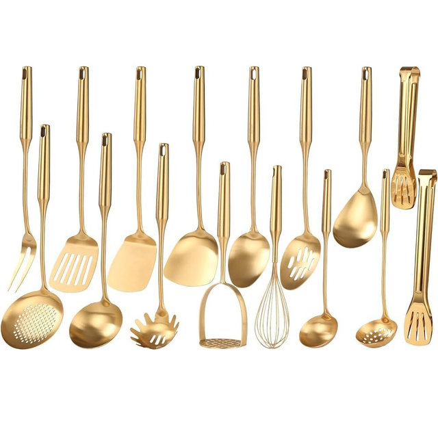 Gold Cooking Utensils Set - 18/10 Stainless Steel Small and Large Spoons Set, 16 PCS All Metal Kitchen Tools, Serving Utensils - Whisk, Masher, Fork, Tongs, Spatula, Turner, Ladle, Skimmer, Pasta