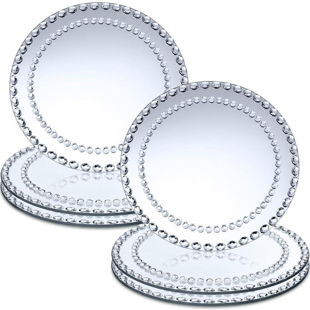 Suclain 6 Pcs Mirrored Glass Charger Plates 13 Inch Silver Mirror Plates Round Chargers for Dinner with Diamond Rim Settings for Wedding Birthday Party Events (Round Diamond Rim)