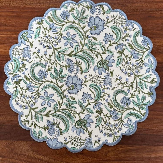 Ridhi Columbia Blue, Turquoise Green Bo-ho Round Place Mat Double Layer Floral Cotton Washable Placemats 15" Round Embroidery Block Print Table Mat Pack of 4-15 Inch Round