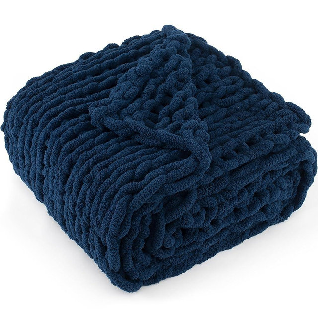 LONG CREATE Chunky Knit Throw Blanket 60"X 80", 100% Handmade with Soft Chenille Yarn, 6.7lbs Thick Cable Knitted Blankets, Large Rope Knot Crochet Throws for Couch Sofa Bed Home Decor, Navy Blue
