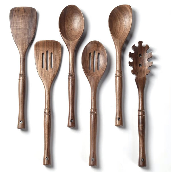 Gudamaye 12 inch Black Walnut Wooden Utensils - 6 Pcs Crafting Spoon Set for Cooking