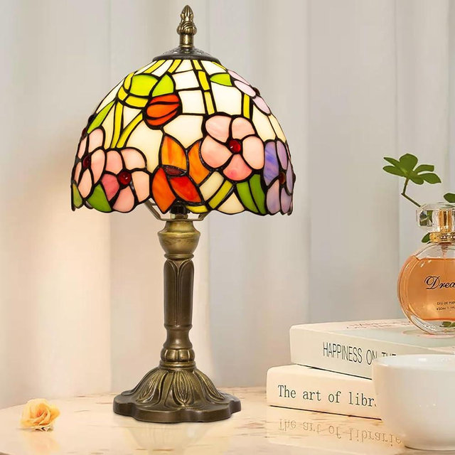 Ppbmocw Small Tiffany Table Lamp, 3 Color Temperature, 8 Inch Antique Stained Glass Lamp for Bedroom Living Room Home, Handcrafted Light, Included Bulb (Four Leaf Flower)