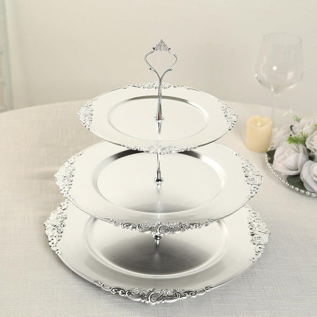 Efavormart 3-Tier Metallic Silver Plastic Cupcake Stand Holder with Embossed Baroque Rim, Rustic Round Cake Dessert Display Stand Tiered Serving Tray with Top Handle - 13"