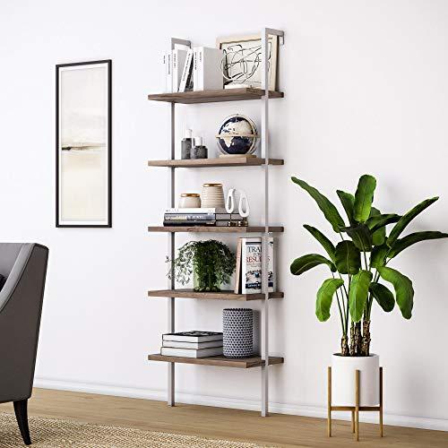 Nathan James Theo 5-Shelf Wood Ladder Bookcase with Metal Frame, Natural Light Brown/White