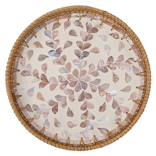 Round Rattan Tray for Home Decor 11.8 inch, Modern and Boho Decor Serving Tray with Mother of Pearl Inlay, Wicker Basket for Coffee Table, Hand Woven Decorative Tray Plates (Gold)