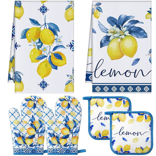 FoldTier 6 Pcs Capri Lemon Kitchen Decoration Set Blue Lemons Towels Pot Holders Oven Mitts Set Amalfi Coast Kitchen Accessories Mediterranean Housewarming Gifts for Summer Baking Cooking