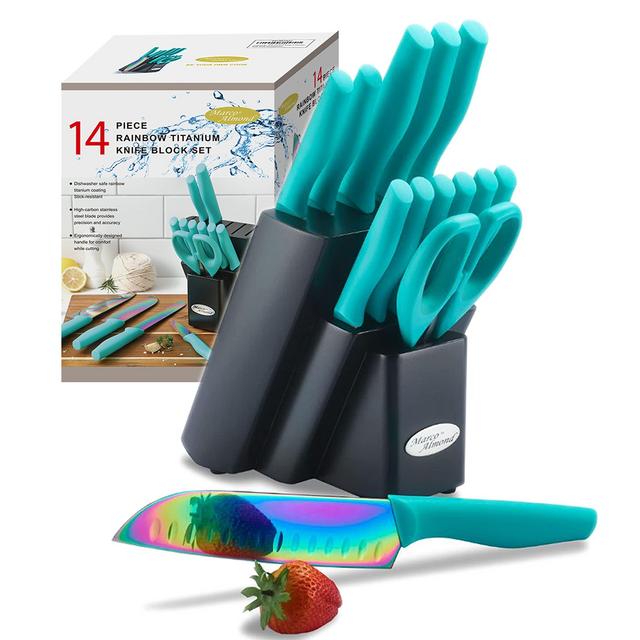 DISHWASHER SAFE KYA27 Rainbow Titanium Cutlery Knife Set, Marco Almond 14-Piece Kitchen Knives Block Sets, Teal