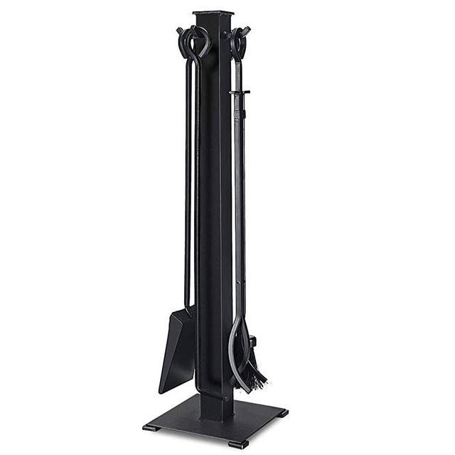 Happytools 5 Piece Fireplace Tools Set, Modern Wrought Iron Fireplace Accessories with Poker, Shovel, Tongs, Brush and Stand, Indoor and Outdoor Fire Tool Sets for Fireplace Stove Fire Pit, Black