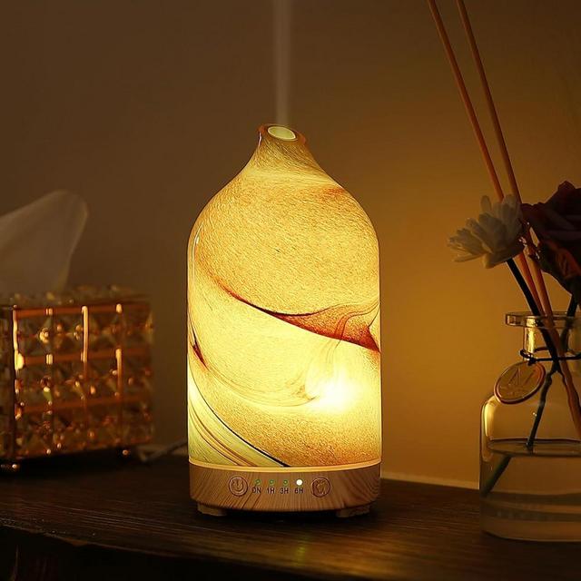 Essential Oil Diffuser Hand Blown Glass Aromatherapy Diffuser - 200ml Ultrasonic Cool Mist Scent Aroma Diffuser, Whisper Quiet with Auto Shut-Off, Timer Setting &7 Colors Night Light for Home